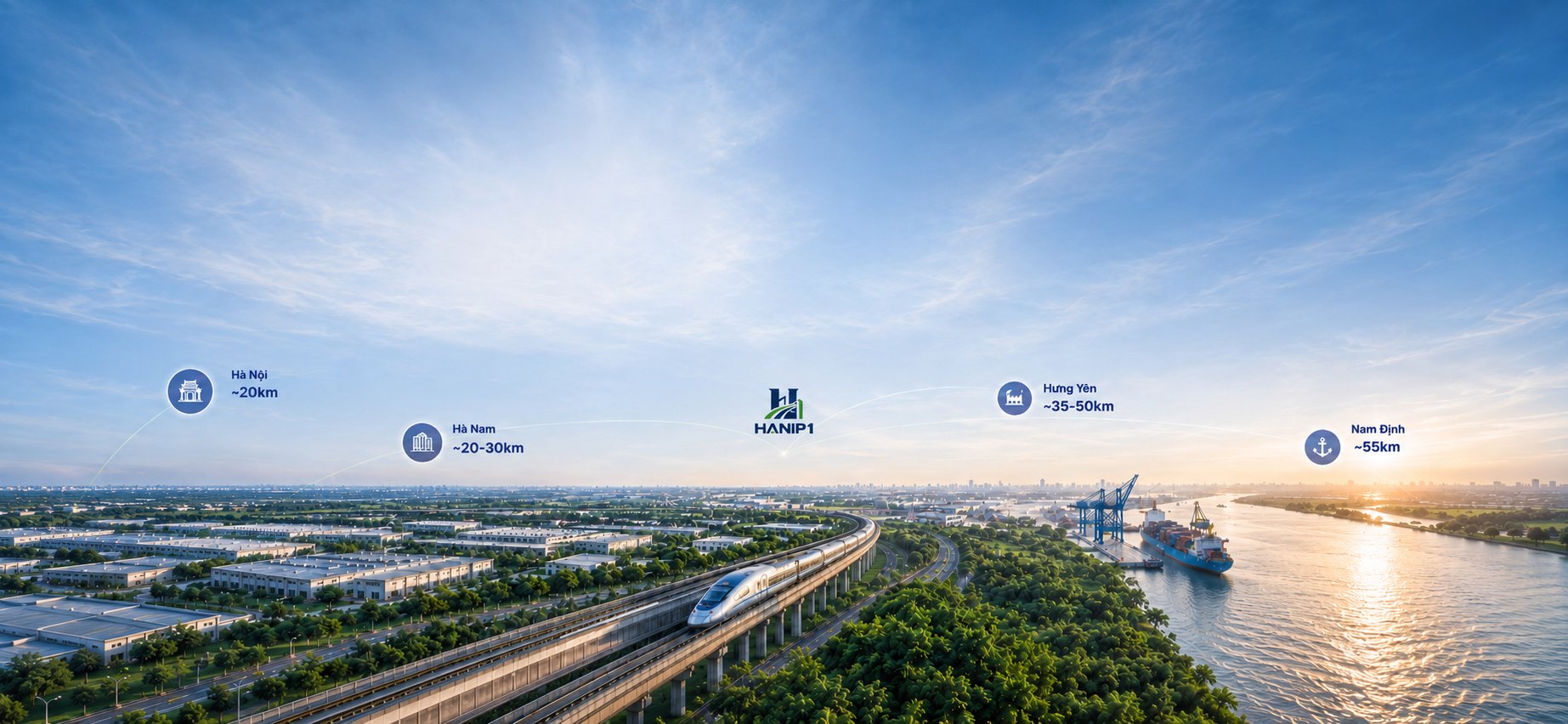 Phối cảnh minh họa: Hanip 1 kết nối Hà Nội, Hà Nam, Hưng Yên, Nam Định bằng đường sắt cao tốc, cao tốc và cảng sông